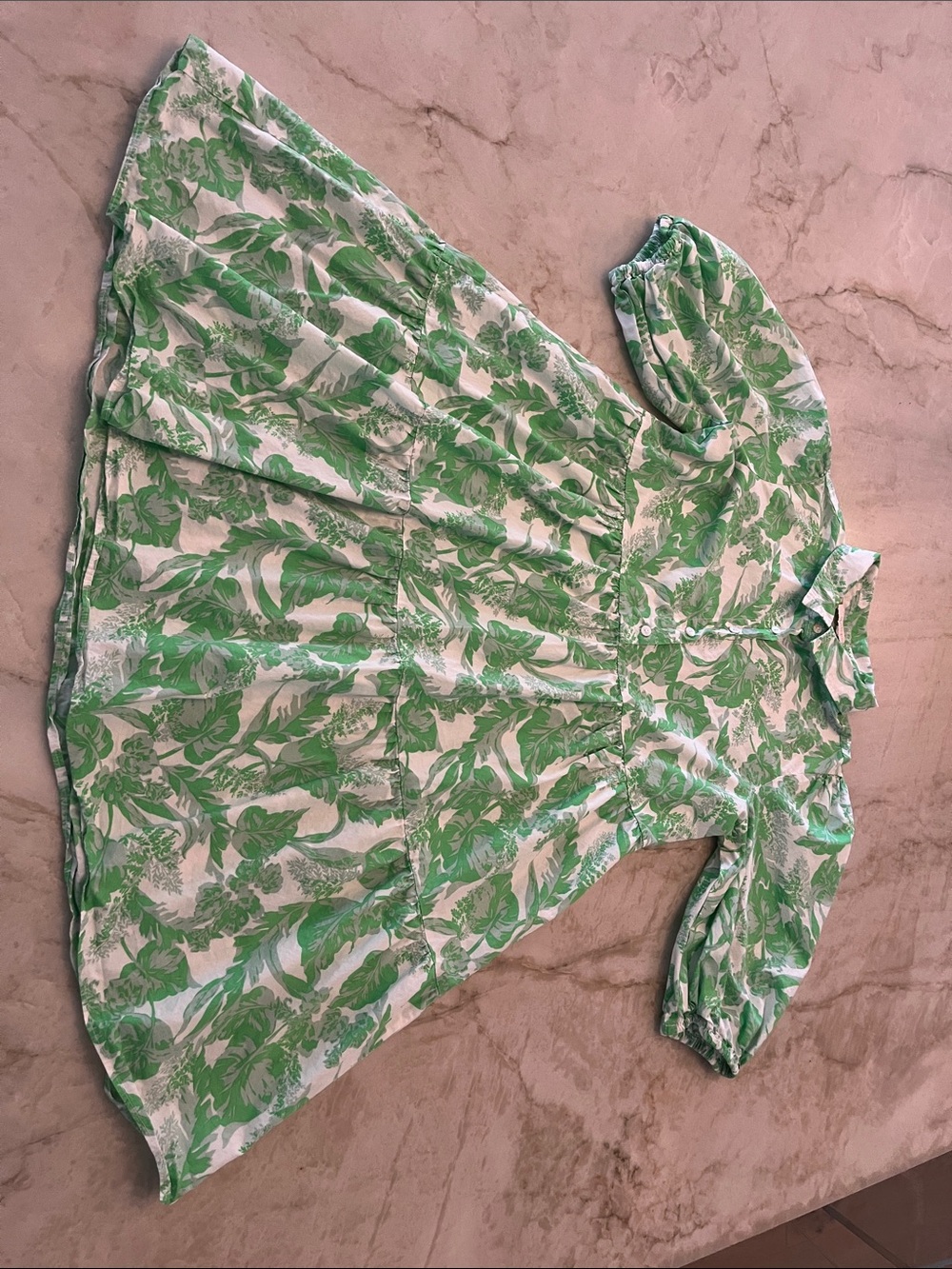 Olivaceous White Dress with Green Floral Print and Puff Sleeves